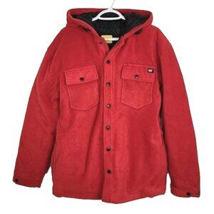 CAT Men's Red Fleece Hooded Button Up Jacket Quilted Insulated Lining Size Large